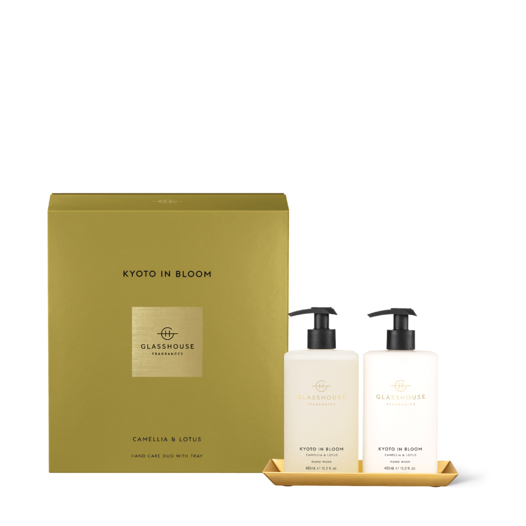 Glasshouse Hand Duo Sets With Gold Tray Kyoto In Bloom Camellia & Lotus 450ml