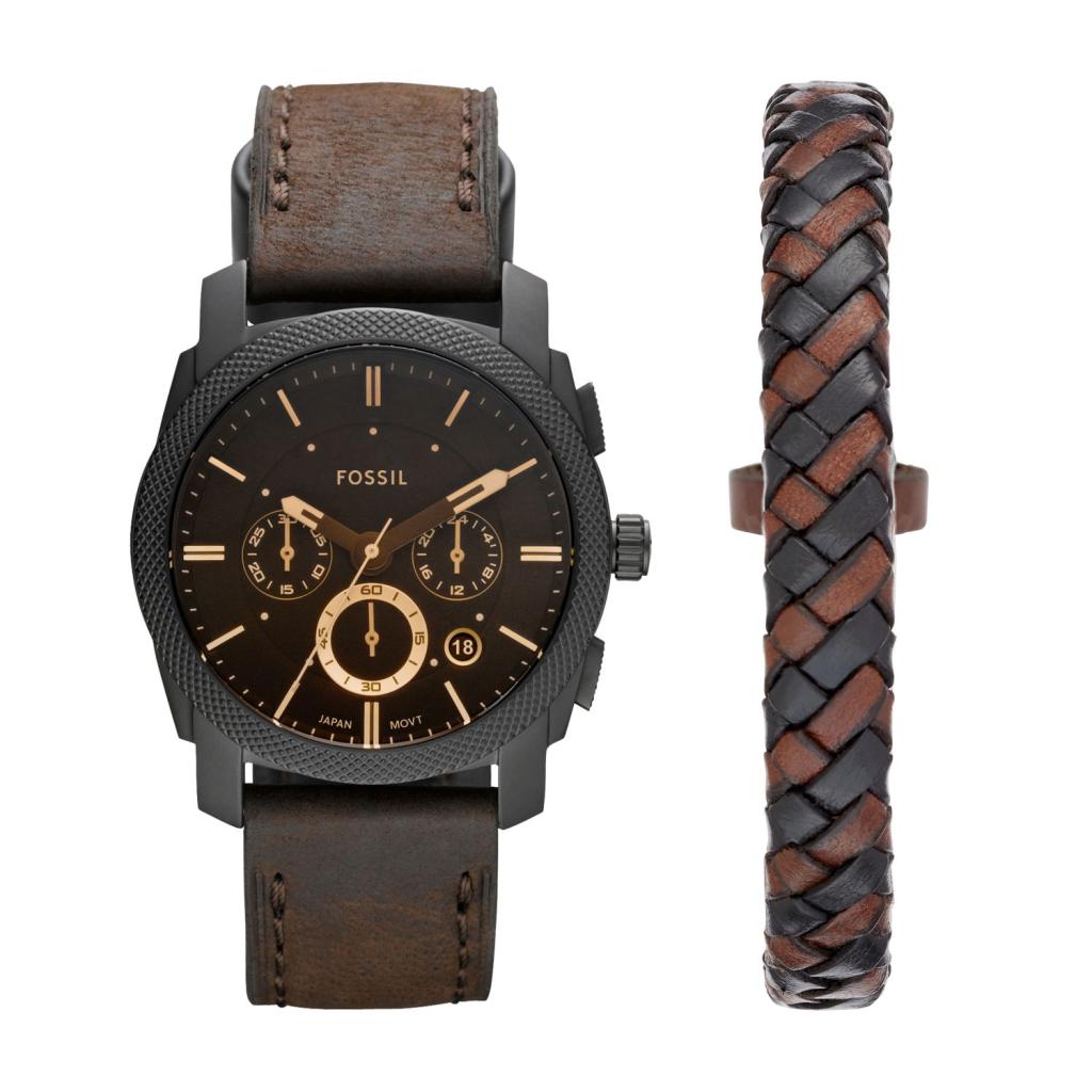 Fossil Gents Machine Chronograph Dark Brown Leather Watch and Bracelet Box Set