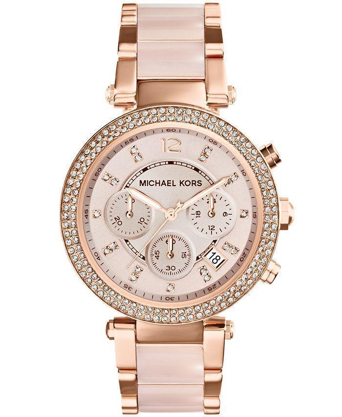 Michael Kors Ladies Chronograph Parker Blush Acetate And Rose Gold-Tone Bracelet Watch