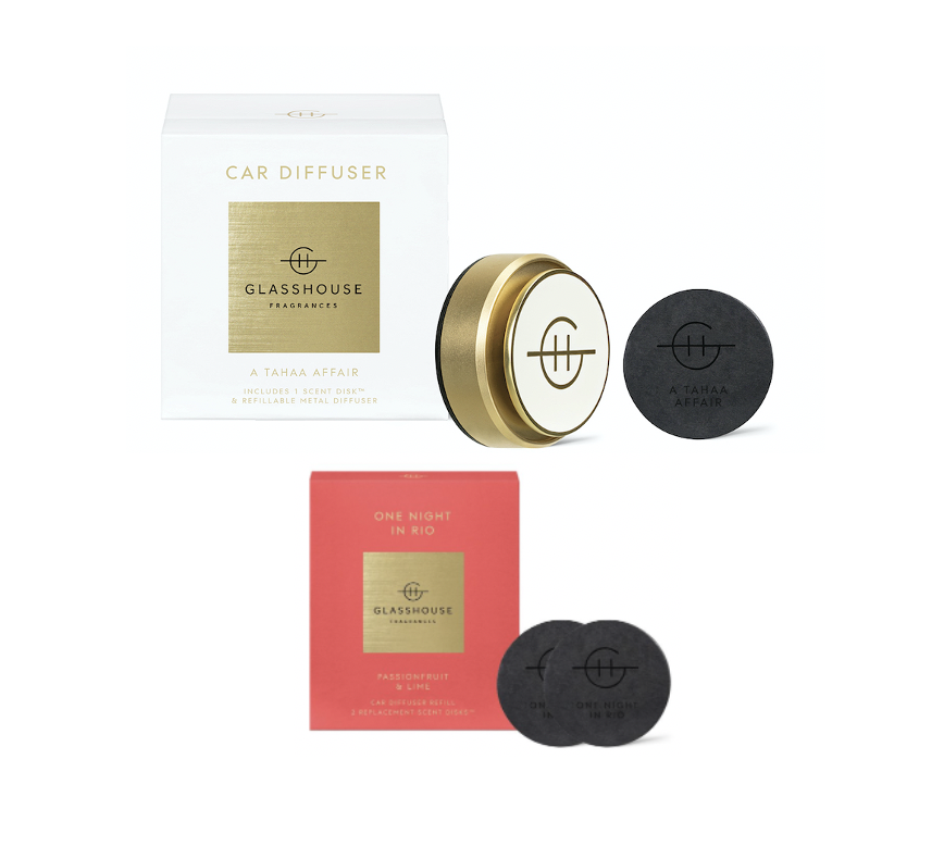 Glasshouse Gold Car Diffuser Tahaa Affair + One Night In Rrio Refill