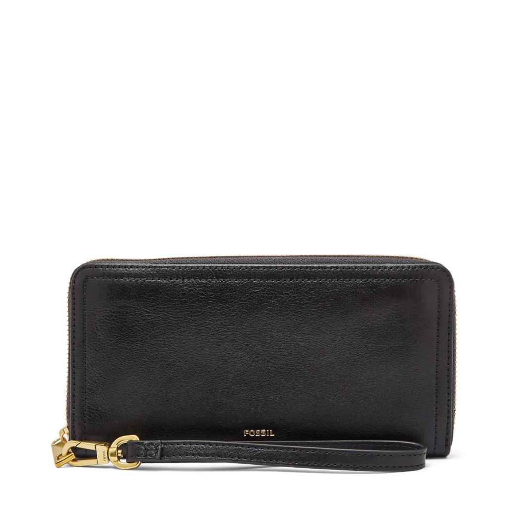 Fossil Ladies Logan RFID Zip around Leather Clutch Black
